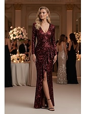 levne Mořská panna večerní šaty-Mořská panna Pouzdrové Na zem Šaty Večerní šaty Plesové Formální šaty Elegantní Třpytivé Styl celebrit Dlouhý rukáv Do V Formální Svatební Flitry s Třpytky Flitry Volány