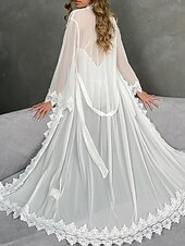 お買い得  レディース パジャマトップス＆ボトムス-女性用 ローブ あたたか ファッション カジュアル ピュアカラー サテンシルキーパジャマ レース ドレス 家 ベッドサイド 長袖 クルーネック ホワイト 夏 春 レギュラー