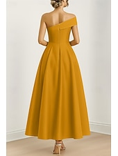 cheap Cocktail Dresses-A-Line Ankle Length Cocktail Dresses Party Dresses Elegant Silky Short Sleeve One Shoulder Wedding Formal Pink Dress Satin with Bow(s)