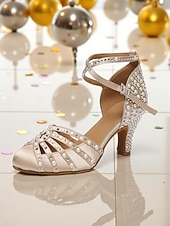 abordables Zapatos de baile latino-Zapatos de tacón con tiras de satén color champán y diamantes de imitación para mujer, estilo Gatsby vintage para baile de salón y fiestas. &amp;eventos formales