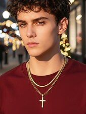 tanie Biżuteria męska-Męski naszyjnik z krzyżem ze stali nierdzewnej, trwała biżuteria łańcuszkowa, stylowy prezent chrześcijański na Boże Narodzenie, imprezę i do noszenia na co dzień