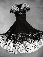 Christmas Women's Midi Dress A Line Dress Fit And Flare Dress Party Casual Daily Holiday Regular Fit Graphic Plaid Snowflake Short Sleeve V Neck Black White Red Green Fall Winter cheap Christmas Dresses-Christmas Women's Midi Dress A Line Dress Fit And Flare Dress Party Casual Daily Holiday Regular Fit Graphic Plaid Snowflake Short Sleeve V Neck Black White Red Green Fall Winter