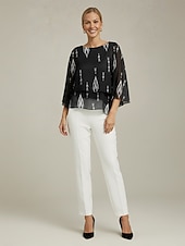 baratos camisas, tops e blusas-Blusa feminina preta floral manga 3/4 solta gola redonda casual elegante férias primavera verão outono