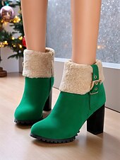 رخيصةأون أحذية الموضة-حذاء نسائي بكعب من الجلد المدبوغ باللون الأخضر مع أطراف من الفرو الصناعي، كعب سميك عصري، مثالي لقضاء العطلات الشتوية وحفلات الكريسماس والمناسبات الاحتفالية