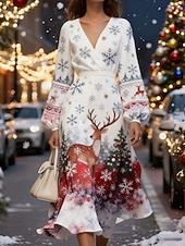 abordables Vestidos de Navidad-Navidad Mujer Vestido Midi Vestido de una línea Vacaciones Casual Fiesta Diario Fiesta de Noche Ajuste regular Graphic Árbol de Navidad Manga Larga Escote en Pico Rojo Beige Otoño Invierno