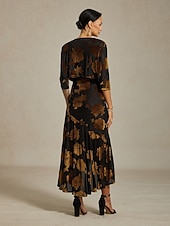 baratos Blusas Elegantes-Mulheres encolhe os ombros Floral Elegante Vintage Manga 3/4 Decote V Festa de Noite Convidado do casamento Traje de festa para noite Marron Outono Inverno