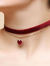 abordables Collier pour femme-Collier ras du cou en velours pour femme avec pendentif cœur rouge - élégante chaîne dorée à double couche pour Noël et les fêtes de fin d'année