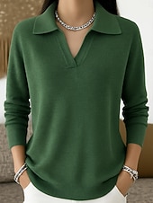 olcso Szilárd színek-Női Pulóver Elegáns Napi Stílusos Polo gallér Kötött Hosszú ujj Normál felsők Kötött Napi Hétvége Fekete Fehér Tavasz Ősz