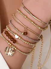 cheap Women&#039;s Bracelet-Women&#039;s Bohemian Beaded Layered Bracelet Set – Gold and Brown Multi-Strand Bangles with Heart &amp; Charm Accents, Fashion Jewelry for Parties, Festivals and Everyday Wear