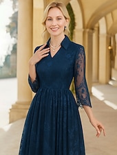 preiswerte Knöchellänge-A-Linie Tee-Länge Partykleid Cocktailkleid Kleid für Hochzeitsgäste Brautmutterkleid Dreiviertelarm V Ausschnitt Elegant Formell Formeller Abend Hochzeitsfeier Tüll mit Spitze