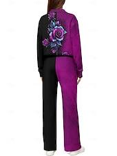 tanie dresy-Damskie Bluza dresowa Dres Dres 2-częściowy Ściągana na sznurek Kieszeń Kwiaty Zestaw odzieży sportowej Zestawy odzież Jesień Zima Różowy Czerwony Kariera Na zewnątrz Podróże Lekki Moda Długi rękaw