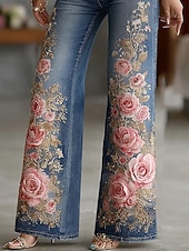  نسائي ساق عريضه تشينوز العطلة عتيق النمط العرقي مكتمل الطول خصر عالي ورد الرسم جيب طبع مريح ناعم مرن نسبياً الأماكن المفتوحة عطلة شارع أزرق الربيع الخريف الشتاء فضفاض صالح