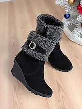 economico Stivali di neve e inverno-stivali da donna con zeppa e risvolto peloso, in pelle scamosciata marrone con cerniera e fibbia, stivali invernali caldi e comodi per il freddo, uscite informali e feste