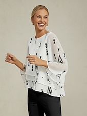 damblus vit blommig 3/4-ärm lös rund hals casual elegant semester vår sommar höst billiga skjortor, toppar och blusar-damblus vit blommig 3/4-ärm lös rund hals casual elegant semester vår sommar höst