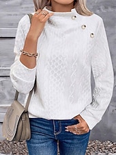 ieftine Hanorace simple-Hanorac elegant pentru femei, la modă, drăguț, culoare uni, guler înalt, nasturi, texturat, mânecă lungă, model obișnuit, topuri tricotate, exterior, acasă, lucru, negru, alb, primăvară, toamnă