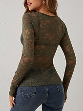 cheap Lace Tops-Women's Lace Shirt Blouse Lace Patchwork Solid Color Elegant Stylish Sexy Long Sleeve V Neck Regular Tops Daily Black White Wine Army Green Navy Blue Spring Fall Winter