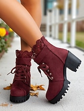 preiswerte Stiefeletten-Braune Damenstiefeletten zum Schnüren mit dickem Absatz und Häkelbesatz, modische Stiefeletten aus Wildlederimitat im Vintage-Stil für lässige Outfits und Outdoor-Events