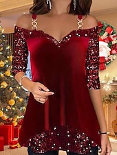  Weihnachten Damen Samt Shirt Einfarbig Grafik Elegant Vintage Party Langarm Schulterfrei Lange Oberteile Hochzeitsgast Party Abendgarderobe Partyeffekte Druck Rot Gold Frühling Herbst Winter Frühling