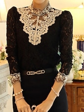 olcso Csipkés felsők-Női Blúz Tömör szín Elegáns Stílusos Alap Hosszú ujj Magasnyakú Normál felsők Napi Csipke Kollázs Fekete Sárgabarack Tavasz Ősz Tél