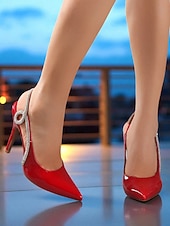 ieftine Pantofi slingback-Pantofi cu toc înalt, roșii, din piele lăcuită, cu slingback - pantofi eleganți stiletto cu vârful ascuțit și strasuri pentru cocktailuri &amp;evenimente formale