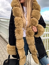 billige Pels &amp; Lær-Dame Vinterfrakk Frakk Fuskepels Hold Varm Bekvem Lomme Knapper Fritid Fargeblokk Feriereise Gate Avslappet Ferie Lang Med hette Normal Langermet Yttertøy Svart Rosa Brun Høst Vinter