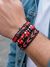 levne Pánské šperky-Pánská sada náramků z umělé kůže, červeno-černé tkané náramky s detaily zlého oka a korálků, stylové na Vánoce, různé vzory