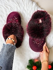 お買い得  レディース・スリッパ＆ビーチサンダル-花の刺繍が施された女性用のバーガンディ色のフェイクファースリッパ - クリスマス、ホリデーギフト、冬のリラックスに最適な、暖かく快適な室内履き