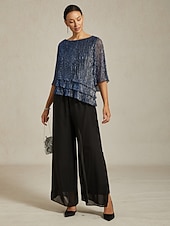  Damen Bluse Elegante Oberteile Fließende Oberteile Chiffon Tops Pailletten Plissiert Patchwork Elegant Vintage Stilvoll Dreiviertelarm Rundhalsausschnitt U-Boot-Ausschnitt Täglich Arbeit Outfits für