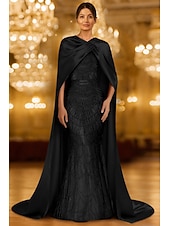 preiswerte Ballkleider-Schlauchkleid Bodenlang Ballkleid mit Cape Abendkleid Festliche Kleidung Elegant Vintage Glitzernd Ärmellos Rundhalsausschnitt Formell Hochzeit Champagnerfarbenes Brautmutterkleid Satin