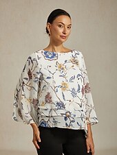 levne Halenky a košile-Dámská halenka s květinovým potiskem, vrstvená, zvonové rukávy, volný střih, vrstvená, lehká, krepová, prázdninový styl, ležérní, denní, jaro, léto, podzim