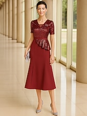 preiswerte Knöchellänge-Meerjungfrauenschnitt Knöchellänge Partykleid Cocktailkleid Kurzarm V Ausschnitt Elegant Formell Baumwollmischung Polyester Brautmutterkleid mit Farbblock