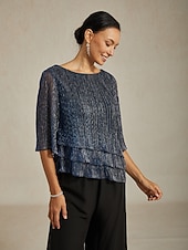  Damen Bluse Elegante Oberteile Fließende Oberteile Chiffon Tops Pailletten Plissiert Patchwork Elegant Vintage Stilvoll Dreiviertelarm Rundhalsausschnitt U-Boot-Ausschnitt Täglich Arbeit Outfits für