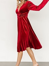 Damen Midikleid Samtkleid Partykleid Cocktailkleid Elegant Modern Party Abendgesellschaft Normale Passform Einfach Langarm V Ausschnitt Schwarz Rote Dunkelgrün Herbst Winter preiswerte abendkleider-Damen Midikleid Samtkleid Partykleid Cocktailkleid Elegant Modern Party Abendgesellschaft Normale Passform Einfach Langarm V Ausschnitt Schwarz Rote Dunkelgrün Herbst Winter