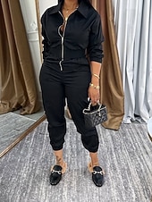 Χαμηλού Κόστους ολόσωμη φόρμα διακοπών-Γυναικεία Φόρμες Ενεργό Συμπαγές Χρώμα Μακρυμάνικο Παντελόνια με τσέπες Κολάρο Πουκαμίσου Φερμουάρ Τσέπη Διακοπές Καθημερινά Κανονικό Μαύρο Πράσινο Χακί Θαλασσί Φθινόπωρο