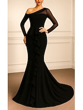 abordables Vestidos de Noche Sirena-Corte Trompeta Sirena Hasta el Suelo Trajes de gala Vestidos de noche Corte Cenicienta Vestimenta formal Elegante Sedoso Manga Larga Un Hombro Boda Formal Tul Crepé elástico con Volantes