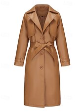 billiga Jackor i konstläder-Dam Imitationsläderjacka Trenchcoat Bekväm Ficka Knappar Ledigt Slät Semester Dagliga kläder Utekväll Helgen Lång Nedvikt Normal Långärmad Ytterkläder Marin Svart Kamel Vår Höst