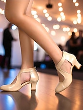 cheap Latin Shoes-Women's Beige Patent Leather Ballroom Dance Shoes - Closed Toe Mid Heel Pumps with Cutout Design for Gatsby Ball &amp; Professional Dance Party