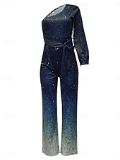 女性用 標準 ジャンプスーツ エレガント グラフィック 長袖 ワンショルダー ハイウエスト スパンコール パーティー カクテルパーティー レギュラー ブルー 春 お買い得  パーティージャンプスーツ-女性用 標準 ジャンプスーツ エレガント グラフィック 長袖 ワンショルダー ハイウエスト スパンコール パーティー カクテルパーティー レギュラー ブルー 春