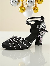 abordables Zapatos de baile latino-Zapatos de tacón con tiras de satén color champán y diamantes de imitación para mujer, estilo Gatsby vintage para baile de salón y fiestas. &amp;eventos formales