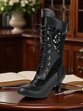 abordables novia-Botas victorianas blancas de media pantorrilla con cordones y tacón grueso para mujer: calzado de novia y fiesta de estilo eduardiano vintage de la década de 1900.