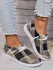 abordables Zapatillas de mujer-Zapatos sin cordones a cuadros para mujer: zapatos casuales y acogedores para Navidad, reuniones de invierno y relajación festiva.
