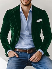 abordables Blazer-Blazer en velours pour homme, col cranté, style classique et décontracté, couleur unie, bordeaux, bleu, vert, coupe ajustée, simple boutonnage, deux boutons.