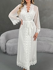 お買い得  レディース パジャマトップス＆ボトムス-女性用 ローブ あたたか ファッション カジュアル ピュアカラー サテンシルキーパジャマ レース ドレス 家 ベッドサイド 長袖 クルーネック ホワイト 夏 春 レギュラー