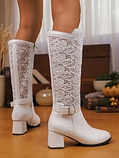  naisten valkoiset pitsipaneelilla varustetut polvipituiset saappaat solkiremmillä ja lohkokoroilla, elegantit vintage-hääsaappaat &juhlamuotisaappaat