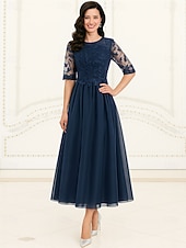 Χαμηλού Κόστους Μήκος δαπέδου-Γραμμή Α Φόρεμα Μητέρας της Νύφης Επίσημο Κομψό Στρογγυλή Ψηλή Λαιμόκοψη Κάτω από το γόνατο Πολυεστέρας Κοντομάνικο με Διακοσμητικά Επιράμματα