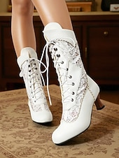 abordables novia-Botas victorianas blancas de media pantorrilla con cordones y tacón grueso para mujer: calzado de novia y fiesta de estilo eduardiano vintage de la década de 1900.