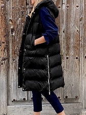 cheap Down Vests-Women&#039;s Winter Coat Down Jacket Vest Warm Comfortable Pocket Buttons Casual Plain Vacation Daily Wear Going out Weekend Long Hooded Regular Fit Sleeveless Outerwear Black Wine Khaki Fall Winter