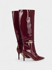 levne Módní boty-Dámské vínové lakované kozačky z imitace kůže se zlatou přezkou, špičatou špičkou a stylovým jehlovým podpatkem, ideální na Vánoce, vánoční večírky a slavnostní příležitosti.