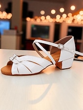economico Scarpe da ballo per bambini-Scarpe da ballo latino in raso marrone da donna per bambini, comode scarpe da ballo da sala con tacco basso e cinturini incrociati &amp;fibbia, ideale per l'allenamento di danza dei bambini &amp;concorsi