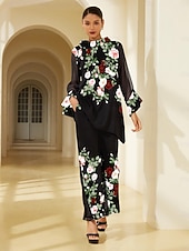 お買い得  シャツ、トップス、ブラウス-レディースブラウス ブラック 花柄 ストレッチ シフォンスリーブ バトーネック カジュアル 快適 春 夏 秋 バケーション